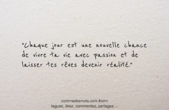 Citation du jour sur le thème "à mediter" : Chaque jour est une nouvelle chance de vivre ta vie avec passion et de laisser tes rêves devenir réalité.