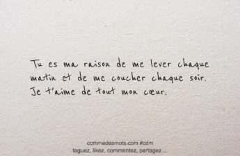 Image d'une citation d'amour écrite en lettres noires sur un fond gris représentant du papier mâché. La citation dit : 'Tu es ma raison de me lever chaque matin et de me coucher chaque soir. Je t'aime de tout mon cœur'. Les mots sont placés au centre de l'image."