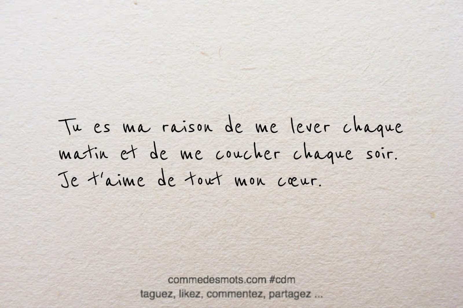 Image d'une citation d'amour écrite en lettres noires sur un fond gris représentant du papier mâché. La citation dit : 'Tu es ma raison de me lever chaque matin et de me coucher chaque soir. Je t'aime de tout mon cœur'. Les mots sont placés au centre de l'image."