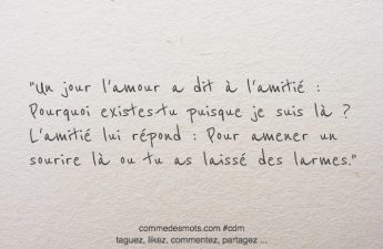 Un jour l'amour a dit à l'amitié : Pourquoi existes-tu puisque je suis là ? L'amitié lui répond : Pour amener un sourire là ou tu as laissé des larmes.