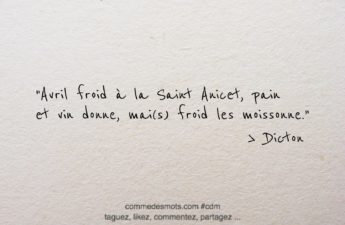 Dicton du 17 avril jour de la Saint Anicet : "Avril froid à la Saint Anicet, pain et vin donne, mai(s) froid les moissonne."