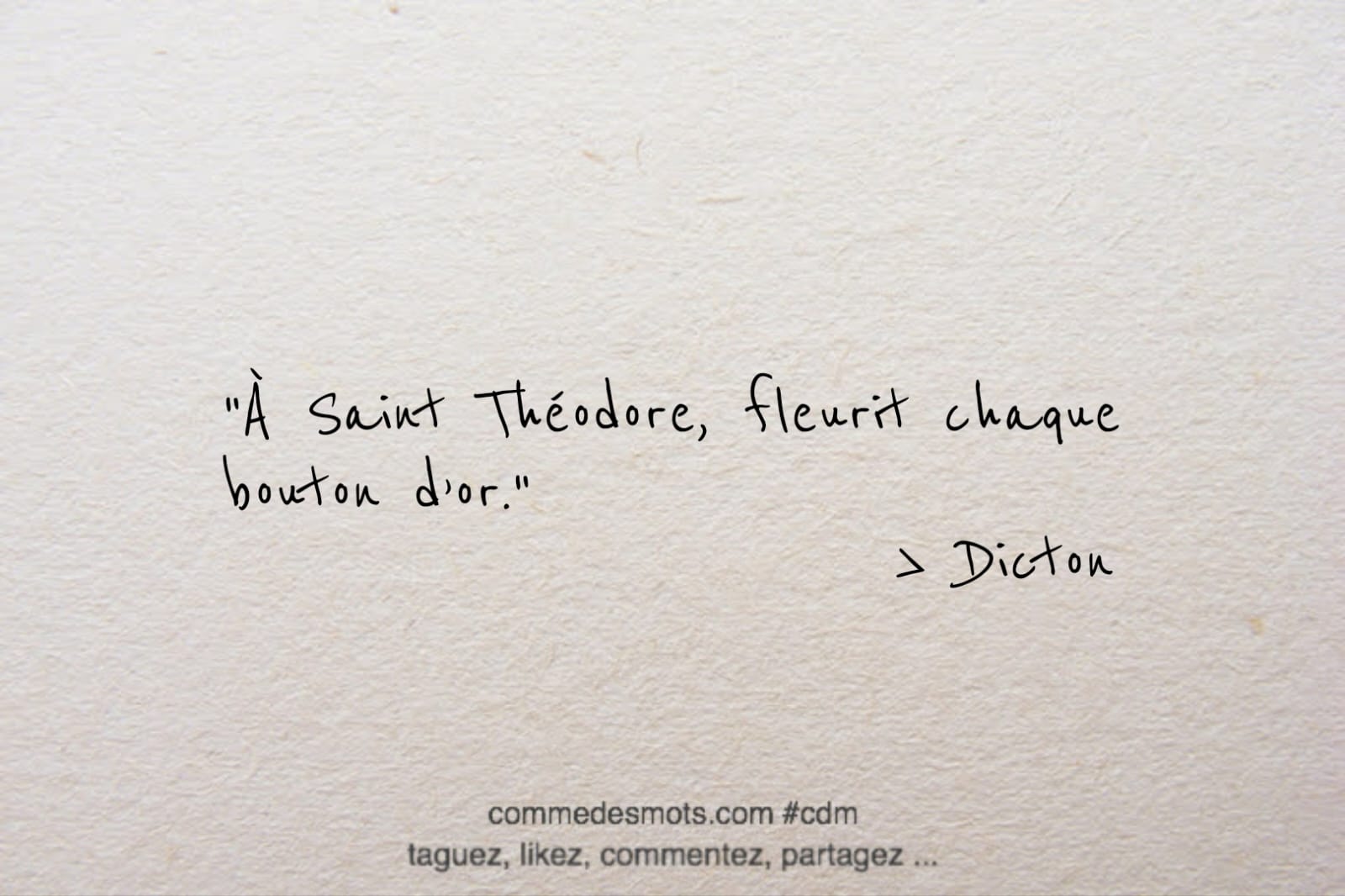 Dicton du 20 avril jour de la Saint Théodore : "Le dicton "À Saint Théodore, fleurit chaque bouton d'or" est une expression populaire qui fait référence à la floraison des boutons d'or à la Saint Théodore, célébrée le 20 avril. Les boutons d'or sont de petites fleurs jaunes qui poussent dans les prairies et les champs, et qui sont souvent associées au printemps. Ce dicton suggère que la floraison des boutons d'or commence à la Saint Théodore, ce qui peut être considéré comme un signe de l'arrivée du printemps. Cependant, il convient de noter que les conditions météorologiques et les variations climatiques peuvent affecter la floraison des plantes et des fleurs, et que ce dicton peut ne pas être vrai dans toutes les régions ou tous les climats."