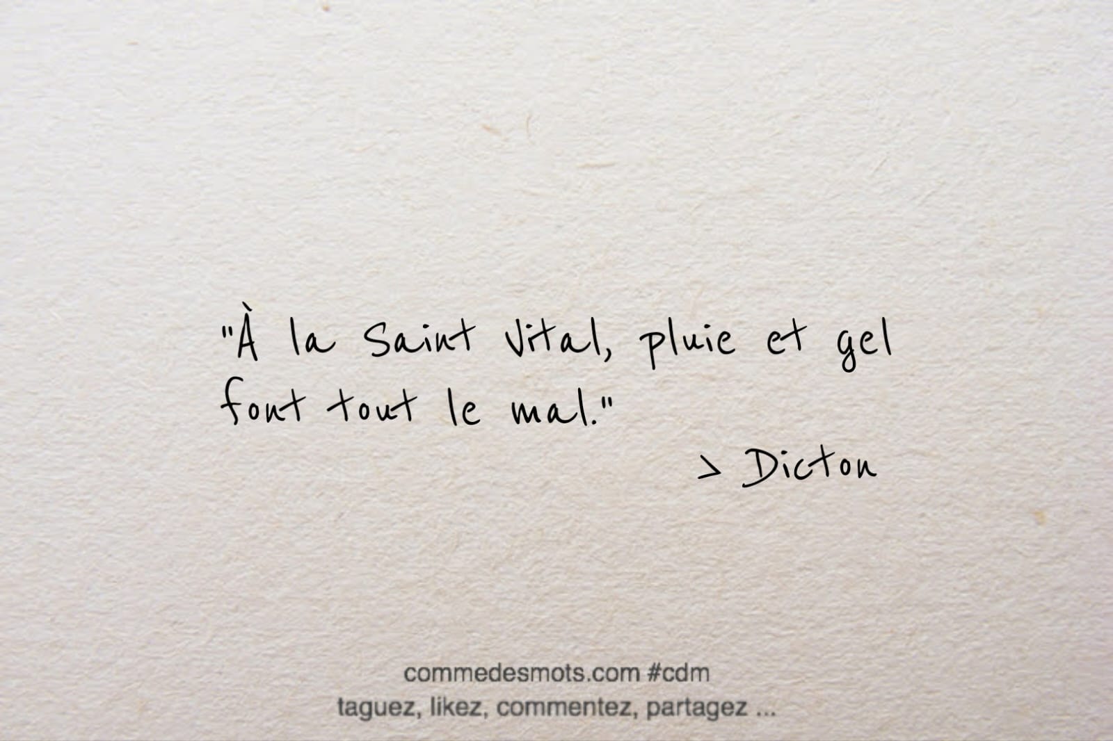 Dicton du 28 avril jour de la Saint Vital : "Le dicton du 28 avril, jour de la Saint Vital, est : "À la Saint Vital, pluie et gel font tout le mal". Ce dicton évoque les risques de mauvaises conditions météorologiques à cette période de l'année, qui peuvent avoir des conséquences néfastes sur les cultures et l'agriculture en général. Il est conseillé de prendre des précautions pour protéger les plantes et les cultures des effets du gel et des pluies abondantes à cette période de l'année."