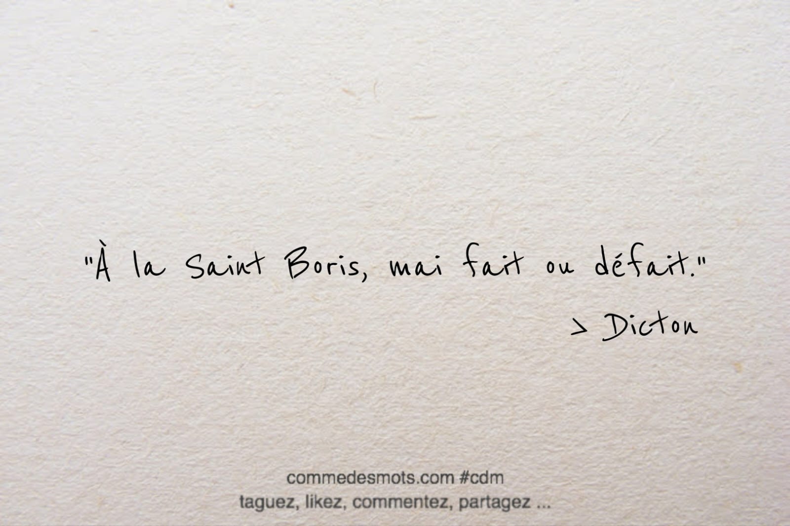 Image d'un dicton pour le 2 mai jour de la Saint Boris écrite en lettres noires sur un fond gris représentant du papier mâché. Le dicton dit : 'À la Saint Boris, mai fait ou défait'. Les mots sont placés au centre de l'image."