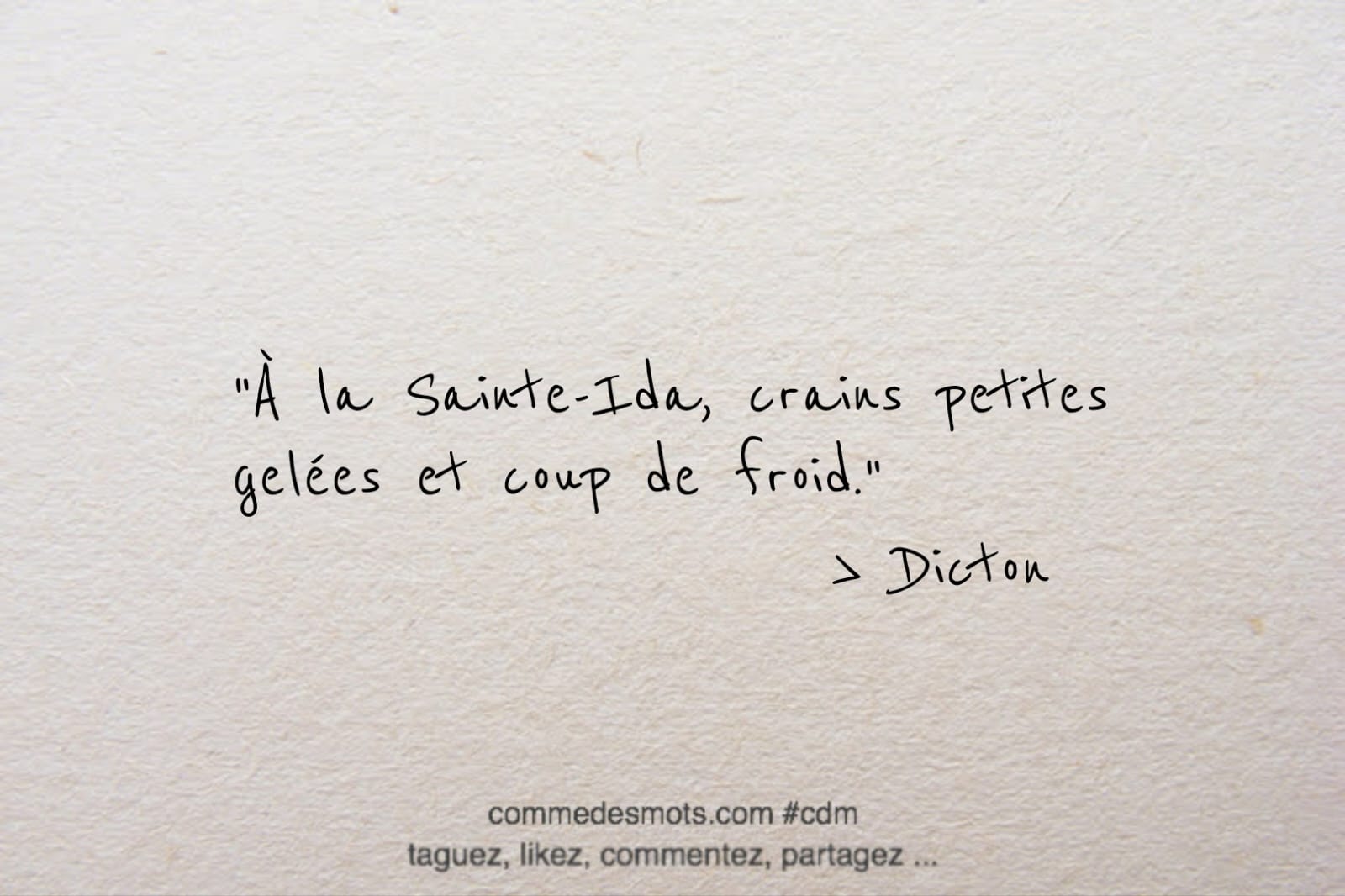 dicton du 13 avril "Le dicton "À la Sainte Ida, crains petites gelées et coup de froid" fait référence à la fête chrétienne de Sainte Ida, célébrée chaque année le 13 avril."