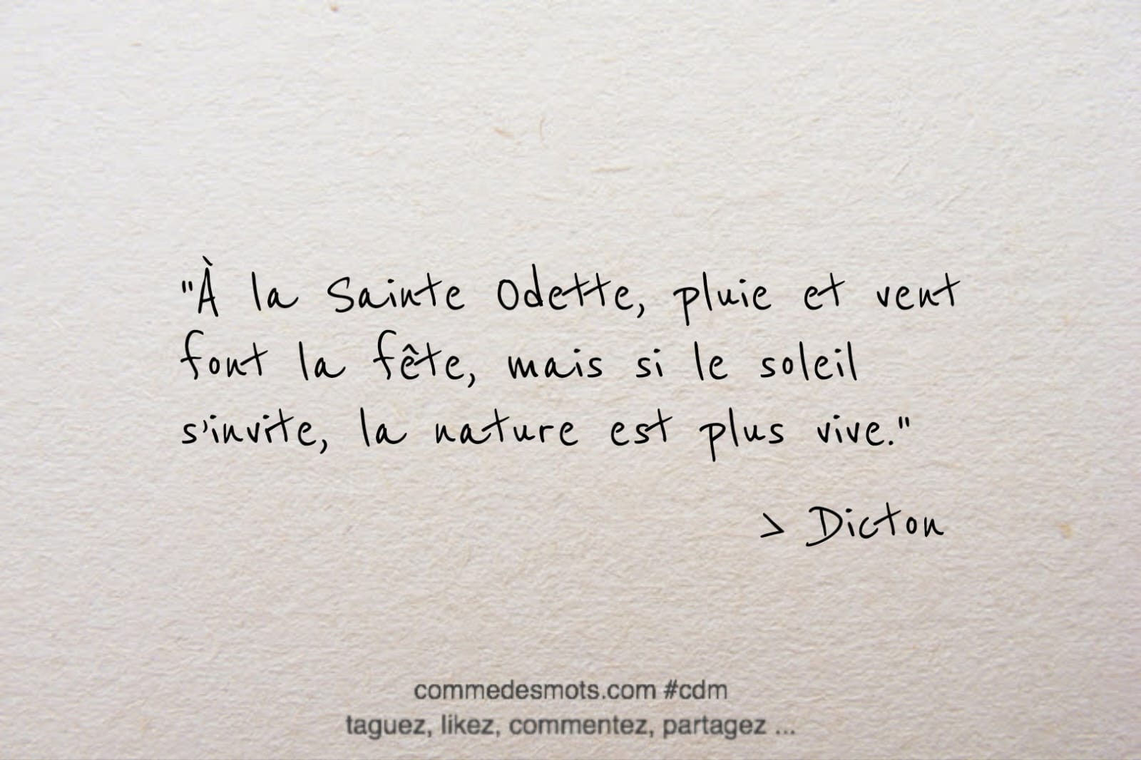 Dicton du 20 avril jour de la Sainte Odette : "À la Sainte Odette, pluie et vent font la fête"