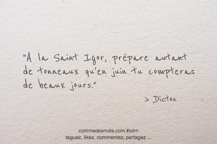 A la Saint Igor, prépare autant de tonneaux qu'en juin tu compteras de beaux jours.